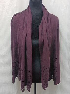 Adore Deep Plum Open-Front Draped Cardigan with Laser-Cut Hem M